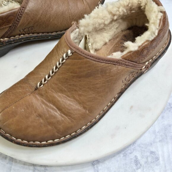 Ugg Clogs Womens 5 Brown Leather Shearling Sherpa lined Contrast stitch winter - Picture 2 of 13